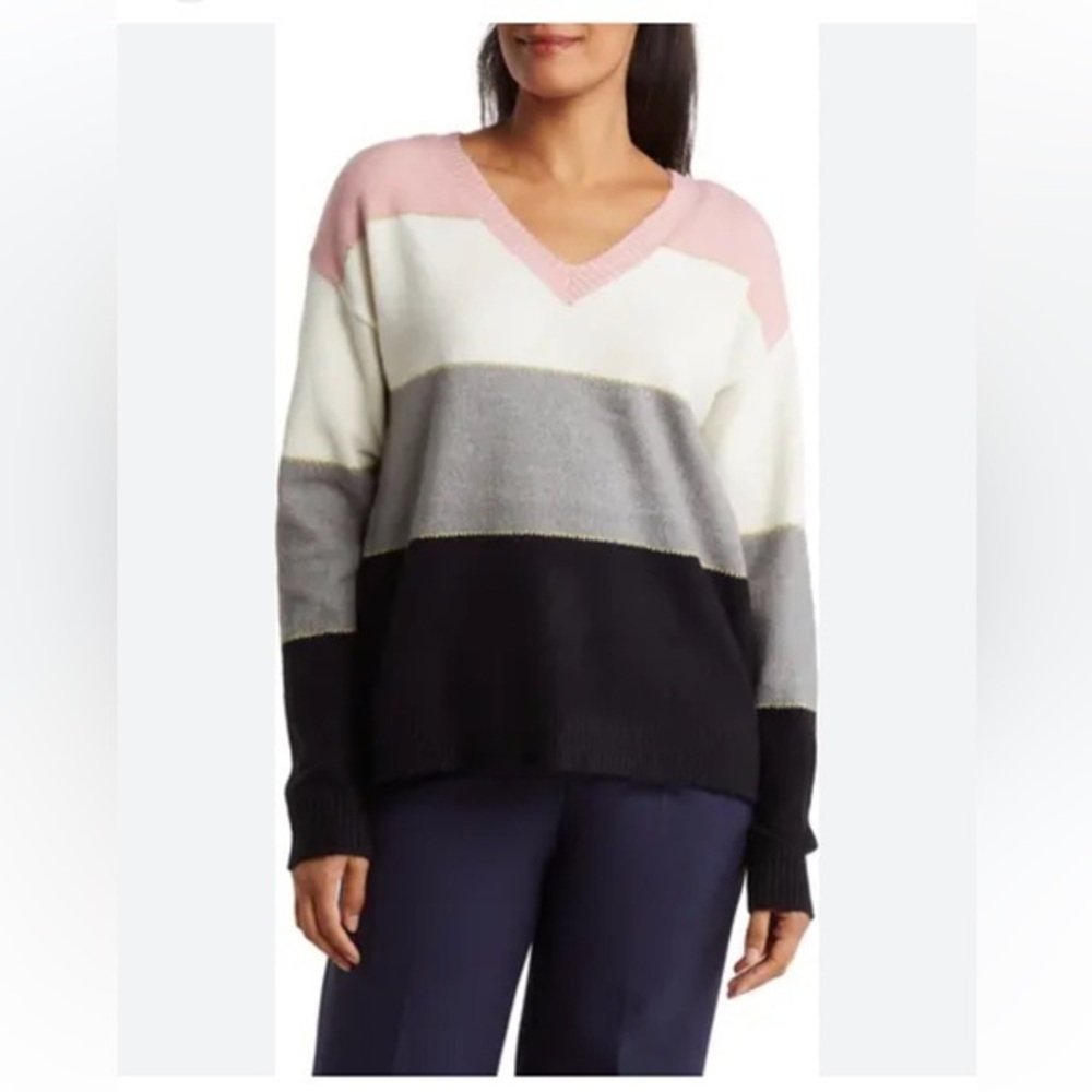 New H HALSTON Stripe V Neck Pullover Sweater, Knit Long Sleeve Sz SP/CH